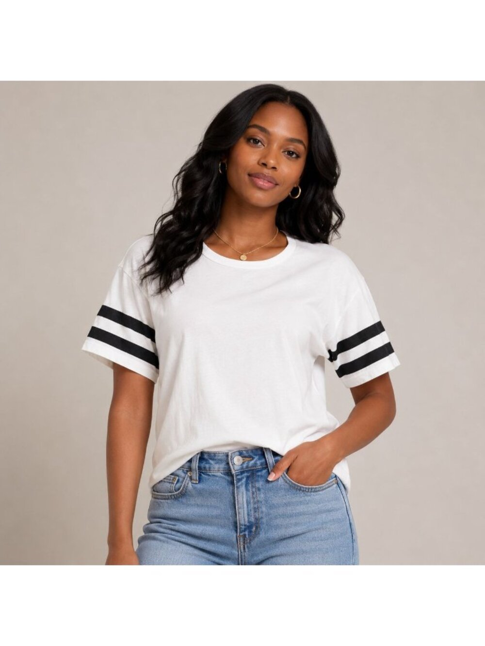 American Eagle Women's White Varsity Tee Black Striped Sleeve Casual S